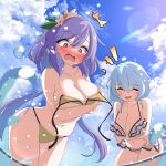  +++ 2girls absurdres akame00 bare_shoulders bikini blush breasts cleavage closed_eyes commission embarrassed flower frilled_bikini frills from_below hair_flower hair_ornament highres large_breasts laughing long_hair low_twintails merlin_prismriver multiple_girls open_mouth partially_submerged purple_eyes purple_hair skeb_commission swimsuit touhou tsukumo_benben twintails very_long_hair white_hair yellow_bikini 
