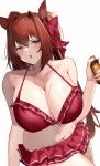  1girl :o absurdres animal_ears bare_shoulders bikini blush bow breasts brown_hair cleavage commentary_request daiwa_scarlet_(umamusume) hair_bow hair_intakes hair_ornament highres horse_ears horse_girl large_breasts long_hair namazu_(yamasonson) navel open_mouth pink_eyes red_bikini red_bow swimsuit twintails umamusume 