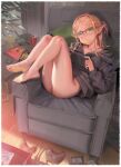  1girl absurdres alphonse_(white_datura) bare_legs barefoot black-framed_eyewear blonde_hair blush bottomless chips coca-cola collarbone commentary_request controller dated eating elf feet food food_in_mouth full_body game_controller glasses green_eyes grey_hoodie handheld_game_console highres hood hood_down hoodie indoors isekai_ojisan looking_at_viewer medium_hair pillow plant pointy_ears ponytail potato_chips raised_eyebrow shibazaki_yousuke sitting solo sonic_the_hedgehog sui_(isekai_ojisan) 