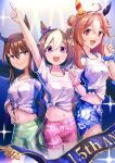  3girls admire_vega_(umamusume) ahoge animal_ears anniversary arm_up bangs breasts brown_hair copano_rickey_(umamusume) double_bun ear_bow feet_out_of_frame gaze_on_me!_(umamusume) hair_bun halterneck hand_on_hip highres horse_ears index_finger_raised long_hair looking_at_viewer male_swimwear midriff multicolored_hair multiple_girls navel open_mouth orange_hair pink_eyes ponpochi purple_eyes scrunchie shirt short_hair short_sleeves small_breasts smile sparkle special_week_(umamusume) standing swim_trunks tied_shirt two-tone_hair umamusume white_shirt wrist_scrunchie 