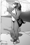  absurd_res anthro bag band1tnsfw canid canine canis casual_nudity city city_background clothing digital_drawing_(artwork) digital_media_(artwork) domestic_dog eyewear female glasses hat headgear headwear hi_res looking_at_object looking_at_phone mammal monochrome nudist phone portrait shaded simple_shading solo 