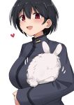  1girl :d black_hair blush brave_witches breasts emu_1316 heart heart-shaped_pupils highres holding large_breasts long_sleeves open_mouth red_eyes shimohara_sadako short_hair simple_background smile solo symbol-shaped_pupils uniform upper_body white_background world_witches_series 