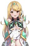  1girl bangs bare_shoulders blonde_hair breasts chest_jewel cleavage cleavage_cutout clothing_cutout dress earrings elbow_gloves gem gloves headpiece highres jewelry large_breasts mythra_(xenoblade) short_dress solo swept_bangs tiara tsumugi_1210 white_dress white_gloves xenoblade_chronicles_(series) xenoblade_chronicles_2 yellow_eyes 