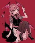  1girl :d arm_up bangs bat_wings black_thighhighs black_vest bright_pupils demon_tail earrings eyebrows_hidden_by_hair fangs full_body garter_straps hair_between_eyes hand_up head_wings high_heels highres jewelry koakuma long_hair looking_at_viewer monochrome mozukuzu_(manukedori) necktie open_mouth puffy_short_sleeves puffy_sleeves red_background red_eyes red_hair red_necktie short_sleeves simple_background sitting smile solo tail thighhighs touhou v vest white_pupils wings 