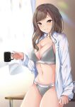  1girl bra breasts brown_eyes brown_hair cleavage cup curtains dress_shirt grey_bra grey_panties grin kotohane long_hair mug navel no_pants open_clothes open_shirt original panties shirt sitting smile solo table thighs underwear white_shirt 