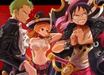  1girl 2boys black_hair black_skirt breasts commentary_request eyelashes green_hair hat highres jacket jolly_roger large_breasts leather leather_jacket long_hair midriff monkey_d._luffy multiple_boys nami_(one_piece) navel oekakiboya one_piece one_piece:_film_red orange_eyes orange_hair pirate_hat red_background roronoa_zoro serious shirt short_hair simple_background skirt sword tattoo weapon 