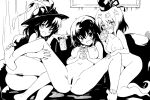  3girls bar_censor blush bow breasts can censored completely_nude couch drinking full_body ghost_tail gin&#039;you_haru harem hat hat_bow high_contrast highres holding holding_can horikawa_raiko indoors large_breasts looking_at_viewer m_legs medium_breasts monochrome multiple_girls nagae_iku navel nipples nude open_mouth pussy short_hair sitting soga_no_tojiko spread_legs tate_eboshi teeth touhou upper_teeth 