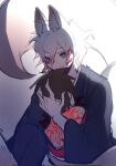  2boys aged_down animal_ears bangs black_kimono danganronpa_(series) danganronpa_2:_goodbye_despair facial_mark fox_ears fox_tail gradient gradient_background grey_background grey_eyes grey_hair highres hinata_hajime hug japanese_clothes kimono komaeda_nagito long_sleeves looking_at_viewer male_focus medium_hair messy_hair multiple_boys short_hair smile tail wide_sleeves ziling 