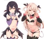  2girls ass_visible_through_thighs bangs bare_shoulders bikini black_bikini black_hair black_panties black_thighhighs blonde_hair blush breasts brown_eyes closed_mouth demon_tail demon_wings detached_collar detached_sleeves fate/kaleid_liner_prisma_illya fate_(series) hair_ornament hairclip highleg highleg_bikini highres illyasviel_von_einzbern long_hair looking_at_viewer miyu_edelfelt multiple_girls navel open_mouth panties parted_bangs pubic_tattoo purple_thighhighs red_eyes revealing_clothes shimokirin sidelocks simple_background small_breasts smile swimsuit tail tattoo teeth thighhighs thighs twintails underwear white_background wings 