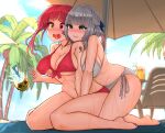  2girls absurdres bangs barefoot beach_chair beach_umbrella bikini blue_bow blunt_bangs bow braid breast_grab breasts cloud commentary_request covered_nipples cup dokuro-kun_(houshou_marine) drinking_straw french_braid grabbing green_eyes grey_bikini grey_hair hair_bow heterochromia highres hololive houshou_marine ice ice_cube implied_fingering kneeling korean_commentary large_breasts long_hair mixed-language_commentary multiple_girls open_mouth outdoors palm_tree red_bikini red_eyes red_hair saliva shirogane_noel skull_cup smile swimsuit tonys tree twintails umbrella virtual_youtuber yellow_eyes yuri 