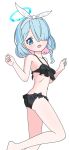  1girl :d arona_(blue_archive) bangs bare_arms bare_shoulders barefoot bikini black_bikini blue_archive blue_eyes blue_hair blush braid chibi feet_out_of_frame frilled_bikini frills hair_over_one_eye hair_ribbon hairband halo looking_at_viewer looking_to_the_side multicolored_hair nyaru_(nyaru_4126) pink_hair ribbon simple_background single_braid smile solo standing standing_on_one_leg swimsuit teeth two-tone_hair upper_teeth white_background white_hairband white_ribbon 