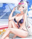  1girl azur_lane bangs bare_arms bare_legs bare_shoulders blue_bow blue_sky blush boat bow breasts chain_necklace cleavage clothing_cutout cloud day elbow_rest eyewear_on_head feet_out_of_frame flower grey_eyes hair_bow hair_flower hair_intakes hair_ornament hand_up highres jewelry lace-trimmed_swimsuit lace_trim large_breasts light_blush long_hair looking_at_viewer monokini necklace official_alternate_costume one-piece_swimsuit outdoors parted_lips ponytail purple_one-piece_swimsuit qing_wu sidelocks sitting sky solo swimsuit tinted_eyewear vittorio_veneto_(azur_lane) vittorio_veneto_(the_flower_of_la_spezia)_(azur_lane) watercraft white-framed_eyewear white_flower white_hair 