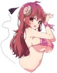  1girl ahoge bikini bound bound_wrists breasts covered_nipples curled_horns demon_girl demon_horns demon_tail highres horns large_breasts long_hair looking_at_viewer machikado_mazoku mel_(melty_pot) navel open_mouth pink_bikini red_eyes red_hair simple_background solo swimsuit tail tears wet white_background yoshida_yuuko_(machikado_mazoku) 