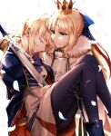  2girls ahoge armor armored_dress artoria_caster_(fate) artoria_caster_(second_ascension)_(fate) artoria_caster_(third_ascension)_(fate) artoria_pendragon_(fate) belt black_gloves black_pantyhose blonde_hair blue_belt blue_bow blue_cloak blue_footwear blush boots bow buttons cloak closed_eyes closed_mouth collar crown dress elbow_gloves excalibur_(fate/stay_night) fate/grand_order fate_(series) fur_trim gloves gold_trim green_eyes hair_bow highres holding long_hair long_sleeves multicolored_ribbon multiple_girls pantyhose purple_bow ribbon shirt skirt sleeping smile sword weapon white_background white_dress white_fur white_shirt white_skirt yamanoudumi 