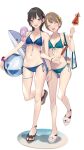  2girls :d ama_mitsuki bag ball bangs bare_legs bare_shoulders beachball bikini black_footwear black_hair blue_bikini blush bracelet breasts brown_eyes brown_hair cleavage collarbone flower food green_bikini hair_flower hair_ornament highres holding holding_food inflatable_shark inflatable_toy jewelry looking_at_viewer multicolored_hair multiple_girls navel necklace octopus open_mouth original photoshop_(medium) sandals sausage scrunchie short_hair side-tie_bikini_bottom simple_background skindentation small_breasts smile starfish_hair_ornament stomach streaked_hair swimsuit thigh_strap two-tone_hair walking white_background white_footwear white_hair wrist_scrunchie yellow_flower 