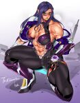  1girl abs bowalia breasts cleavage gauntlets gloves green_eyes high_heels holding holding_weapon jacket kneeling large_breasts long_hair muscular muscular_female open_clothes open_jacket phantasy_star phantasy_star_online_2 pointy_ears purple_hair scar scar_on_chest solo thick_thighs thighs weapon 