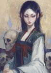  1girl artist_name black_hair blue_eyes faux_traditional_media flower hair_flower hair_ornament hair_strand highres lips long_hair nat_the_lich original pandora_(nat_the_lich) portrait skull solo traditional_clothes 