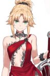  1girl bangs bare_shoulders blonde_hair braid breasts center_opening clarent_(fate) eyes_visible_through_hair fate/apocrypha fate_(series) french_braid green_eyes holding holding_sword holding_weapon long_hair looking_at_viewer mordred_(fate) mordred_(fate/apocrypha) parted_bangs ponytail sidelocks small_breasts smile solo sword tonee weapon 