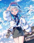  1girl :d absurdres alice_fiction arm_up black_skirt blue_eyes blue_hair blue_shirt blue_sky character_request cloud commentary day hair_ornament hair_scrunchie headphones headphones_around_neck highres holding jacket long_hair long_sleeves looking_at_viewer mechuragi open_clothes open_jacket outdoors ponytail puffy_long_sleeves puffy_sleeves purple_scrunchie scrunchie shirt skirt sky smile solo suitcase very_long_hair white_jacket 