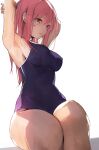  1girl armpits bangs breasts competition_swimsuit highres large_breasts one-piece_swimsuit original pink_hair pisuta_(yamashiro) sitting solo stretching swimsuit thick_thighs thighs yellow_eyes 