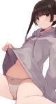  1girl bangs blunt_bangs blush brown_eyes brown_hair closed_mouth grey_jacket grey_panties highres hiroki_(yyqw7151) jacket jacket_lift lifted_by_self long_sleeves looking_at_viewer original panties simple_background solo thighs underwear white_background 