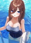  1girl absurdres bangs blue_eyes blue_one-piece_swimsuit blush breasts brown_hair cleavage commentary_request go-toubun_no_hanayome hair_between_eyes highres hiyoku large_breasts long_hair nakano_miku one-piece_swimsuit outdoors parted_lips partially_submerged pool_ladder sidelocks solo swimsuit water wet 