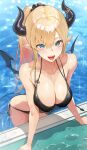  1girl bangs bikini black_bikini blonde_hair blue_eyes blush breasts cleavage demon_girl demon_horns demon_tail demon_wings fangs green_eyes highres hololive horns kakage large_breasts long_hair looking_at_viewer open_mouth pointy_ears pool side-tie_bikini_bottom solo swimsuit tail tongue tongue_out virtual_youtuber wading water wet wings yuzuki_choco 