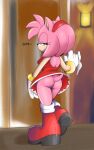 accessory amy_rose anthro boots bottomless butt clothed clothing eulipotyphlan eyelashes female footwear green_eyes headband hedgehog hi_res inside inviting looking_at_viewer mammal narrowed_eyes neo_x6 oops panties pink_body rear_view red_clothing robe sega solo sonic_the_hedgehog_(series) text underwear white_clothing white_panties white_underwear 