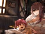  2girls aged_down bandage_over_one_eye brown_hair eyepatch funi_mu9 heterochromia highres hololive houshou_marine jewelry multiple_girls necklace open_mouth picture_frame red_eyes red_hair side_ponytail smile twintails virtual_youtuber yellow_eyes 