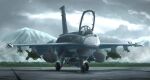  aircraft airplane cloud cloudy_sky commentary_request commission f-16_fighting_falcon fighter_jet grass highres jet kama_iruka military military_vehicle mountain no_humans original shadow skeb_commission sky vehicle_focus 