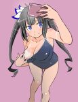  7msaaxt6qto3joj arm_up black_hair black_one-piece_swimsuit blue_eyes blush breasts cellphone cleavage clothes_pull dungeon_ni_deai_wo_motomeru_no_wa_machigatteiru_darou_ka hair_ornament hestia_(danmachi) highres one-piece_swimsuit phone pulled_by_self purple_background smile solo swimsuit swimsuit_pull taking_picture tan tanlines twintails 