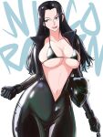  1girl :d absurdres black_bodysuit black_bra black_hair blue_eyes bodysuit bra breasts character_name cleavage collarbone cowboy_shot earrings english_commentary eyewear_on_head forehead helmet highres holding holding_key jewelry key large_breasts long_hair looking_away navel nico_robin one_piece opalisart open_bodysuit open_mouth shiny shiny_clothes simple_background smile solo string_bra sunglasses teeth thigh_gap underwear upper_teeth v-shaped_eyebrows white_background 
