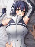  1girl arm_up armpits bangs bare_shoulders bed_sheet blush breasts deku_suke elbow_gloves gloves hair_between_eyes hand_on_another&#039;s_waist headset highres humboldt_penguin_(kemono_friends) kemono_friends large_breasts looking_at_viewer lying on_back open_mouth pillow pov pov_hands sleeveless solo_focus sweat upper_body yellow_eyes zipper 