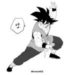  1boy absurdres arm_up bandaged_leg bandages bare_shoulders closed_mouth dougi dragon_ball dragon_ball_z fighting_stance fingernails greyscale hair_between_eyes hatching_(texture) highres horang4628 male_focus monochrome muscular muscular_male simple_background solo son_goku spiked_hair translation_request twitter_username v-shaped_eyebrows white_background wristband 