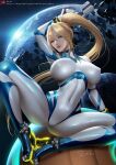  1girl artist_name bangs blonde_hair blue_eyes bodysuit breasts commentary_request covered_navel energy_gun high_ponytail holding holding_weapon lips long_hair looking_at_viewer medium_breasts metroid metroid_dread mole mole_under_mouth neon_trim paralyzer parted_lips planet ponytail sade_abyss samus_aran shiny shiny_clothes shiny_hair signature simple_background sitting skin_tight solo space weapon zero_suit 