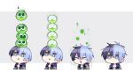  &gt;_&lt; 1boy :d aoyagi_touya blue_hair closed_mouth commentary d: gameplay_mechanics grey_eyes grey_jacket highres hood hooded_jacket jacket male_focus messy_hair mochi_noue mole mole_under_eye multicolored_hair multiple_views open_mouth project_sekai puyo_(puyopuyo) puyopuyo shirt smile split-color_hair two-tone_background white_shirt 