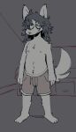  3_toes anthro bottomwear canid canine canis chipped_ear clothed clothing domestic_dog eye_bags feet fur fur_tuft hair half-closed_eyes hi_res inner_ear_fluff long_hair male mammal messy_hair narrowed_eyes navel nipples shorts simple_background sog_(squishy) solo squishy_(artist) standing tired toes topless tuft 