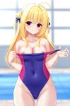  1girl absurdres ahoge bangs bare_shoulders blonde_hair blue_bow blue_one-piece_swimsuit blurry blurry_background bow closed_mouth collarbone competition_swimsuit covered_navel cow depth_of_field double_bun groin hair_bow hair_bun head_tilt highres indoors long_hair looking_at_viewer ncontrail_(mgax7527) nipple_slip nipples one-piece_swimsuit original photoshop_(medium) pink_one-piece_swimsuit pool pulled_by_self red_eyes smile solo strap_pull swimsuit two-tone_swimsuit undressing water 