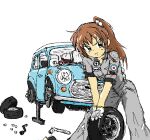  1girl blonde_hair brown_hair car commentary_request flat_tire gloves ground_vehicle highres long_hair motor_vehicle original tire tridokodemo 