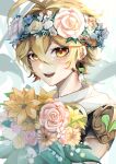  1boy :d absurdres blonde_hair bouquet character_request earrings flower gold_trim hair_between_eyes head_wreath highres holding holding_bouquet jewelry male_focus mitarashi_(25_mitarashi) pink_flower pink_rose purple_flower purple_rose rose smile teeth upper_teeth white_flower white_rose yellow_flower yellow_rose 