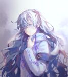  1girl adjusting_collar blue_eyes blue_hair cevio gradient gradient_background hair_ornament hair_over_one_eye high_collar highres jacket kamitsubaki_studio layered_sleeves light_blue_hair light_smile long_sleeves sekai_(cevio) shijohane short_over_long_sleeves short_sleeves solo white_hair 