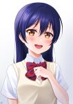  1girl absurdres bangs blue_hair blush bow bowtie commentary_request dress_shirt hand_on_own_chest haruharo_(haruharo_7315) highres long_hair looking_at_viewer love_live! love_live!_school_idol_project open_mouth otonokizaka_school_uniform red_bow red_bowtie school_uniform shirt short_sleeves simple_background smile solo sonoda_umi striped striped_bow striped_bowtie swept_bangs white_shirt yellow_eyes 