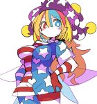  1girl american_flag_dress american_flag_legwear blonde_hair blue_eyes blush closed_mouth clownpiece cowboy_shot dress fairy fairy_wings hair_between_eyes hat heterochromia highres jester_cap massakasama pantyhose polka_dot polka_dot_headwear purple_headwear red_eyes short_hair short_sleeves simple_background solo star_(symbol) star_print striped striped_dress striped_pantyhose touhou white_background wings 