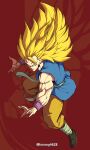  1boy absurdres bandaged_leg bandages bare_shoulders blonde_hair closed_mouth dougi dragon dragon_ball dragon_ball_z fighting_stance glowing glowing_eye green_eyes highres horang4628 long_hair looking_at_viewer male_focus muscular muscular_male no_eyebrows purple_wristband red_background solo son_goku spiked_hair super_saiyan super_saiyan_3 twitter_username very_long_hair wristband 