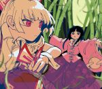  2girls arm_up arms_up baggy_pants bamboo bamboo_forest bamboo_print bangs belt black_hair blonde_hair blouse blue_eyes blue_sky blush bow bowtie breasts buttons closed_mouth collared_shirt commentary_request floral_print flower forest fujiwara_no_mokou full_moon grass grey_belt grey_bow grey_bowtie hair_bow hand_up hands_up houraisan_kaguya itomugi-kun leaf long_hair long_sleeves looking_at_another medium_breasts moon moonlight multicolored_bow multiple_girls nature night night_sky ofuda ofuda_on_clothes open_mouth outdoors pants pink_shirt purple_flower purple_pants purple_skirt red_bow red_eyes shirt short_sleeves sidelocks skirt sky standing touhou v-shaped_eyebrows wide_sleeves wrist_cuffs yellow_bow yellow_moon yellow_shirt 