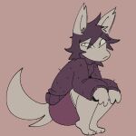  3_fingers 3_toes anthro canid canine canis chipped_ear clothing domestic_dog feet fingers hair inner_ear_fluff long_sleeves looking_up male mammal messy_hair simple_background sitting sog_(squishy) solo squishy_(artist) sweater toes topwear tuft turtleneck underwear vertical_bar_eyes 