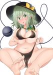  1girl :p alternate_breast_size bangs bikini black_bikini black_headwear blush bow breasts closed_mouth covered_nipples eyeball fat_mons foot_out_of_frame green_eyes hair_between_eyes hat hat_bow hat_ribbon highres komeiji_koishi large_breasts light_green_hair looking_at_viewer medium_hair panties partially_visible_vulva plump ribbon side-tie_panties simple_background sitting smile solo swimsuit takimoto_yukari third_eye tongue tongue_out touhou underwear untied untied_bikini untied_panties wavy_hair white_background yellow_bow yellow_ribbon 