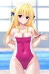  1girl absurdres ahoge bangs bare_shoulders blonde_hair blue_bow blurry blurry_background bow closed_mouth collarbone competition_swimsuit covered_navel cow depth_of_field double_bun groin hair_bow hair_bun head_tilt highres indoors long_hair looking_at_viewer ncontrail_(mgax7527) nipple_slip nipples one-piece_swimsuit original photoshop_(medium) pink_one-piece_swimsuit pool pulled_by_self red_eyes smile solo strap_pull swimsuit two-tone_swimsuit undressing water white_one-piece_swimsuit 