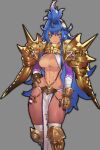  1girl abs armor bandaged_arm bandages black_outline blue_eyes blue_hair bracelet bright_pupils character_request closed_mouth commission eyelashes final_fantasy final_fantasy_brave_exvius frown gem gold_armor gradient gradient_hair greaves grey_background grey_thighhighs hair_between_eyes hamama2 hand_on_hip highres jewelry leg_tattoo long_eyelashes long_hair looking_at_viewer multicolored_hair navel outer_glow outline pauldrons pink_hair purple_gemstone shoulder_armor simple_background skeb_commission skindentation solo spiked_bracelet spikes tattoo thighhighs very_long_hair war_of_the_visions:_final_fantasy_brave_exvius white_pupils 