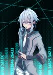  1boy absurdres androgynous behind-the-head_headphones binary bishounen black_headphones black_shirt coat cyberspace eiyuu_densetsu grey_coat headphones hexagon highres jukiainen233 kuro_no_kiseki medium_hair necktie purple_eyes quatre_salision shirt short_shorts shorts thighs white_hair white_necktie white_shorts 